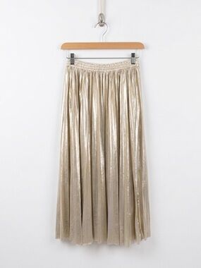 En Saison Gold Metallic Pleated Midi Skirt Elastic Waist Festive Holiday Medium
